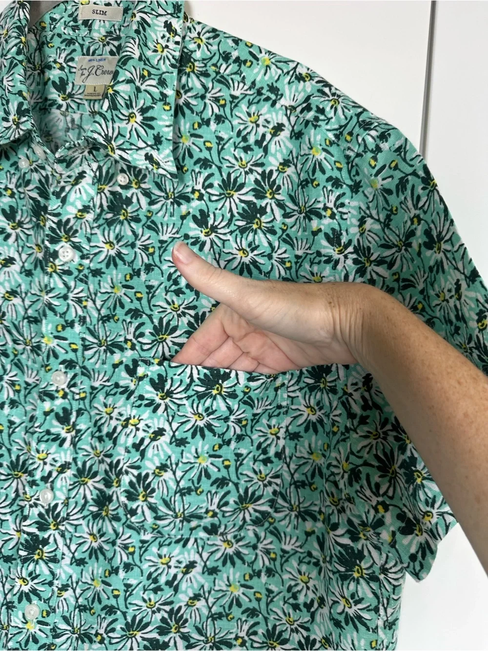 J.Crew Mens 100% Linen Daisy Floral Short Sleeve Button Down Shirt Slim Fit LG